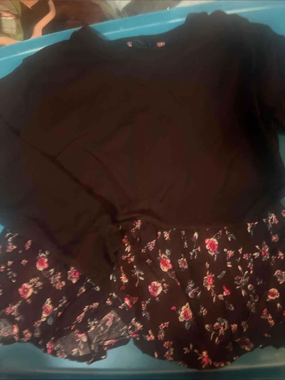 art class Black Top with Pink Floral Peplum Hem